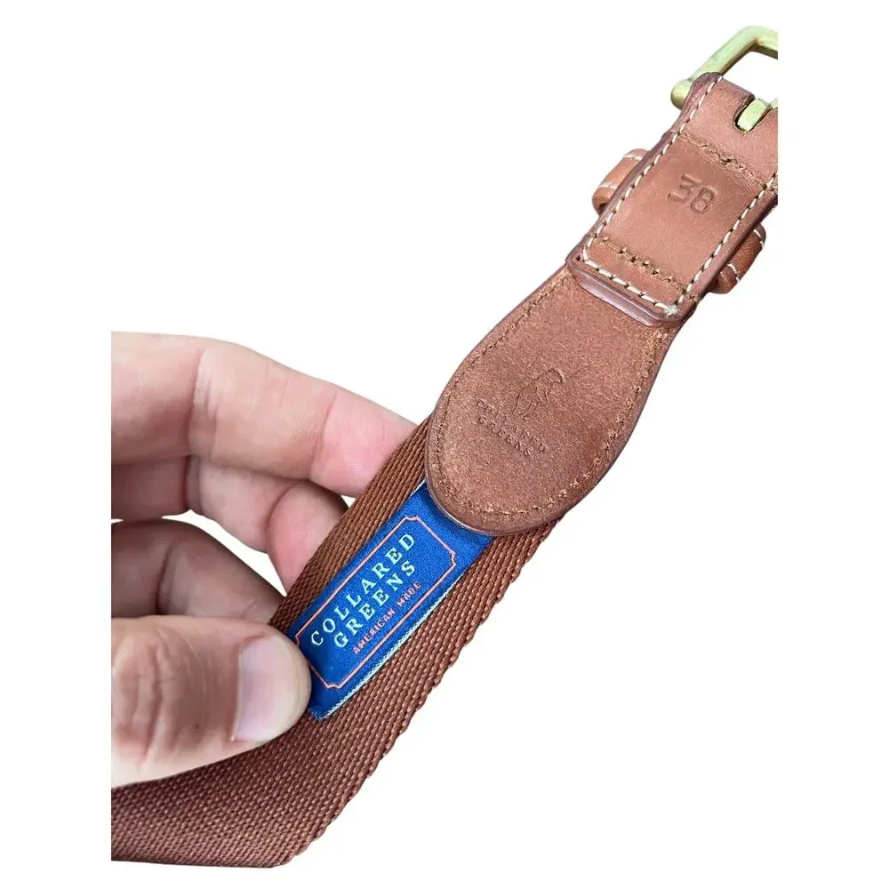 Collared Greens Sz 38 Dockside Navy Ivory Brown Leather Canvas Belt Brass Buckle